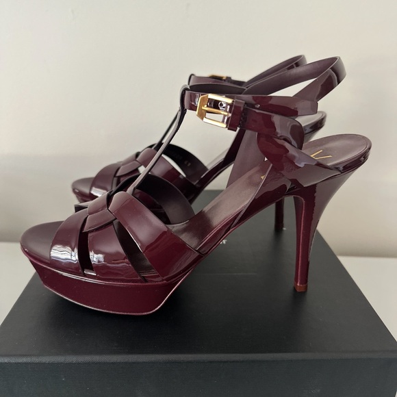 Saint Laurent Burgundy Patent Leather Tribute Sandals 41 - Picture 2 of 7